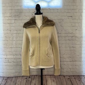 ANN TAYLOR LOFT Full Zip-Up Collared Cream/Brown Faux Fur Jacket